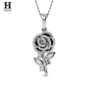 Elegant Rose Flower <b>Pendant</b>, Pavé and Baguette Diamond Floral Jewelry, <b>Solid</b> <b>Gold</b> Fine Jewelry by Heerak Diamonds - Product Image 2