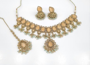 <b>Indian</b> Bridal <b>Jewelry</b> <b>Set</b> Mehandi Plated Necklace Earrings Maang Tikka Red Green Doublet Stone Ethnic Wedding Party Wear - Product Image 5