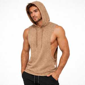 Vêtement de sport personnalisé d'été, imprimé en sérigraphie, veste de fitness de luxe sans manches vert olive pour homme avec capuche - Product Image 6