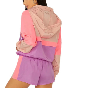 Ensemble short et veste coupe-vent zippée à capuche avec survêtement personnalisé pour femme, en nylon uni, décontracté - Product Image 4