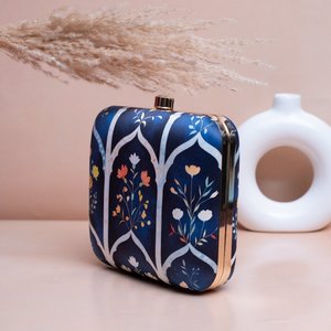 Navy Blue Floral Printed Clutch Metal <b>Frame</b> Hard Case with Satin Digital Fabric Raw Silk Interior and Crystal Stone Lock 7 x 6.5 - Product Image 2