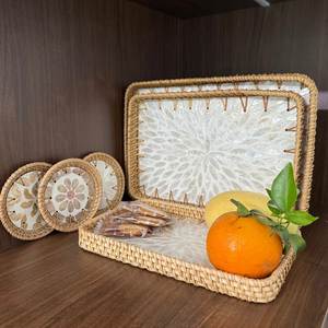 NEHA ENTERPRISES Natural Woven Rattan Serving Tray Shell Inlay Decorative Design Handmade Multi-Functional Bohemian Dining <b>Table</b> - Product Image 4
