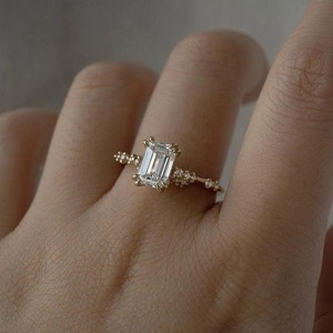 Vintage Emerald Cut Moissanite Engagement Ring Unique Round Cluster Moissanite Ring Yellow Gold Double Prong Anniversary ring. - Product Image 2
