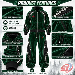 Ensemble de survêtement en velours personnalisé Forest Regal Arc, 280 GSM, avec strass et cristaux, ensemble sweat à capuche et pantalon, ensemble de détente en velours tendance, OEM unisexe - Product Image 5