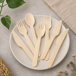 Ensemble de couverts jetables en bois, couteau, fourchette, cuillère, 158 mm, écologiques, biodégradables, pour les fêtes - Product Image 6