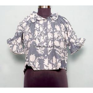 Blusa india floral vintage personalizada de alta calidad para mujer, estilo coreano, transpirable, 100% algodón, ecológica, con mangas acampanadas. - Product Image 1