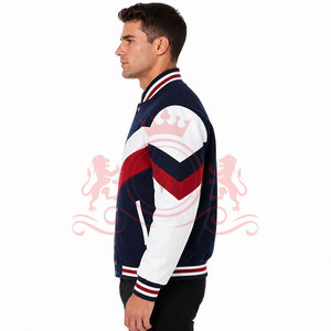 Streetwear <b>White</b> Blue Red Chevron Letterman <b>Jacket</b> Soft Material Button Front Ribbed Cuffs Everyday - Product Image 2
