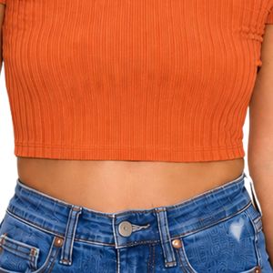 Top Corto Acanalado Naranja para Mujer, Manga Corta, Cuello Redondo, Ajuste Delgado, Camiseta Casual de Punto, Moda de Verano, Algodón Elástico, Camiseta Básica - Product Image 6