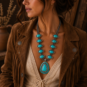 Grand collier statement turquoise, pierre ovale irrégulière, bijoux western faits à la main pour femme, cadeau tendance - Product Image 1