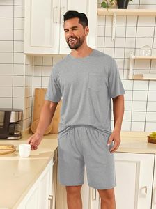 Conjunto de Pijama de Dos Piezas para Hombre, Talla Grande, Verano, Casual, 100% Algodón, Tejido de Punto, Color Sólido, Gris, Camiseta de Manga Corta y Pantalones Cortos - Product Image 3