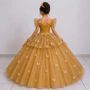 Nouvelles Robes de Bal de Princesse Dorées de Luxe pour Filles, Idéales pour Anniversaires, Mariages, Couleurs Personnalisables, Service OEM Papillon - Product Image 2