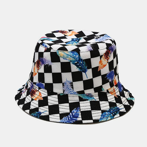 Unisex Checkered Bucket <b>Hat</b> With <b>Feather</b> Print Fashion Casual Spring Summer Adult <b>Hat</b> - Product Image 1