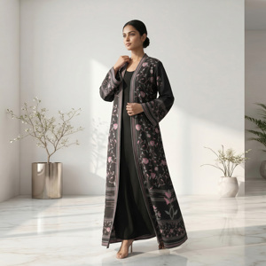 Polyester Modest <b>Eid</b> Nightclub Flower Embroidery Abaya Modern Open Front Muslim Cardigan Kimono Kaftan Islamic Robe Wholesale - Product Image 1