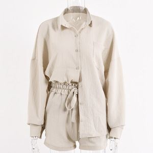 Women's 2 Piece Black Oxford Shirt Shorts <b>Set</b> Long Sleeve Turn Down Collar Loose Fit Casual Spring Summer Solid Color - Product Image 5