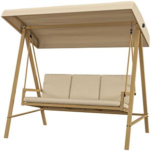 Panca a dondolo da giardino a tre posti color sabbia con imbottitura rimovibile e tenda parasole per il tempo libero in patio interno ed esterno - Product Image 1