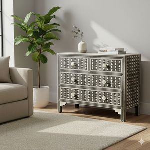 Coffre en bois fait main avec tiroirs en os incrustés, meuble de rangement pour la maison et l'hôtel, importé d'Inde - Product Image 3