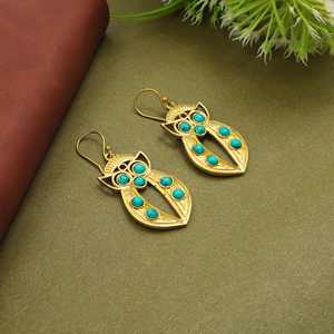 ต่างหูนกฮูกสีเทอร์ควอยซ์ ต่างหูห้อยสีทอง สไตล์โบฮีเมียน เครื่องประดับรูปนก ของขวัญจากธรรมชาติสำหรับเธอ - Product Image 4