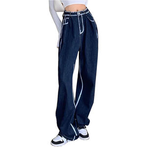 Pantalones Vaqueros de Mezclilla Azul Oscuro de Cintura Media, Corte Recto, Talla Grande, Ajuste Regular, Largos, Casuales, para Mujer, Resistentes al Viento y Transpirables - Product Image 1