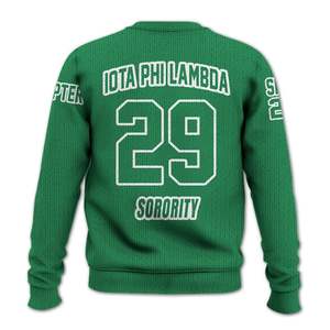 Chaqueta Universitaria Verde Esmeralda Personalizada Iota Phi Lambda, Suéter Tejido de la Hermandad Iota Phi Lambda - Product Image 6