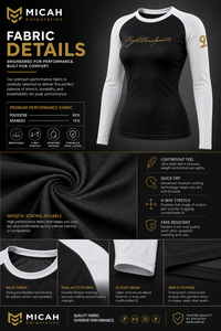 Micah Corporation Women’s Long-Sleeve <b>Raglan</b> Athletic Rashguard – Black & White - Product Image 5