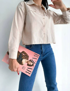 Women's Cropped Cotton Woven Breathable Simple Vintage Long Sleeve Button-Up Shirt Blouse Casual Summer Fashion Green - Product Image 5