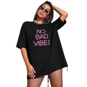 MGOO Drop Schulter Slogan Grafik Longline T-Shirt Frauen Übergroße schwarze Baumwolle Spandex T-Shirt