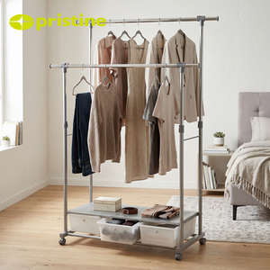 Modern Metal <b>Double</b> Rod Clothing Rack With Storage <b>Bins</b> And Wheels For Bedroom Use - Product Image 4