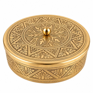 Caja de especias Masala Dabba de latón hecha a mano con tapa grabada, múltiples compartimentos, organizador de especias indio para encimera de cocina - Product Image 2