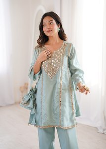 Pink Silk Salwar Kameez Co-ord Set <b>Mirror</b> Work Lace Quick Dry Short Kurti Trouser Modern Indian Festive Wear Party Women's All - Product Image 5