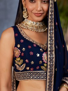 Navy Blue A-Line Floor-Length Embroidered <b>Lehenga</b> Choli with Floral Print and Organza Dupatta for Bridesmaid Wear - Product Image 3
