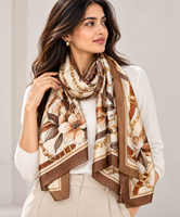 Écharpe carrée en soie pour femme, motif floral, marron crème, légère, toutes saisons, accessoire de tous les jours