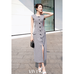 Vestido Midi VIVIKA de Tweed Sólido con Botones Delanteros, Abertura Lateral, Silueta Evase, Ajustado, para Fiesta, Cintura Alta, Forro de Seda, Primavera - Product Image 6