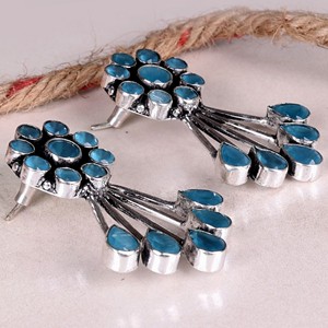 Sky <b>Blue</b> Stone Brass Oxidized Antique Silver Plated Pear Cut Bohemian Wedding Floral Dangle <b>Earrings</b> Women's Fashion Jewelry - Product Image 4