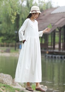 Robe longue en coton pour femmes, coupe ample, manches longues, couleur unie, blanche, style bohème, robe longue décontractée - Product Image 3