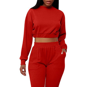 Red Knitted <b>Crop</b> Top With Matching Pants Set Turtleneck <b>Long</b> <b>Sleeve</b> Solid Color Casual Outfit For Women All Seasons - Product Image 2