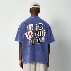 T-shirt en coton bleu surdimensionné pour homme, manches courtes, col rond, coupe décontractée, longueur standard, motif imprimé avec lettres au dos - Product Image 3