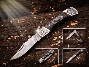 Cuchillo Plegable de Acero de Damasco de Grado Industrial Hecho a Mano con Mango de Madera y Funda de Cuero para Acampar al Aire Libre - Product Image 6