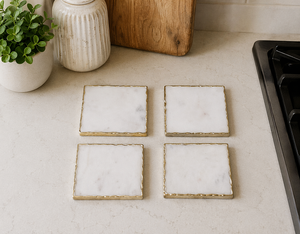 Custom Agra Heritage Marble Crafts Handmade Luxury Stone <b>Coasters</b> <b>White</b> Marble Square Set with Gold Edge for Home and Restaurant - Product Image 3