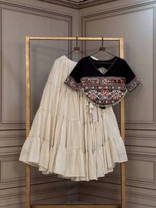 Women Ethnic Cotton Midi <b>Dress</b> Set Embroidered Black Top Cream <b>Tiered</b> Skirt Loose Fit Casual Wear Quick Dry All Season India - Product Image 1