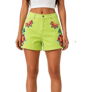 Shorts de Mezclilla con Estampado Floral Verde Lima para Mujer, Cintura Alta, Casuales, de Verano, Personalizados con Bordado, Fabricante OEM de Moda - Product Image 1