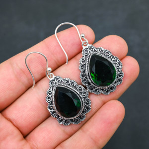 Boucles d'oreilles personnalisées en diopside chromé créé en laboratoire, argent sterling 925, 1,9 pouce, bijoux faits à la main en pierres précieuses, boucles d'oreilles fines antiques, cadeau - Product Image 2