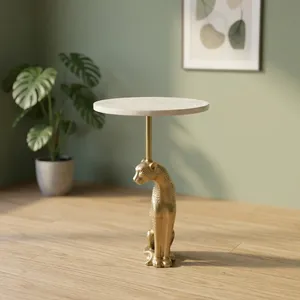 Mesa Auxiliar Redonda Moderna con Tapa de Mármol y Base Metálica Decorativa con Estampado de Leopardo, Mueble de Lujo para Decoración de Sala de Estar o Dormitorio - Product Image 2