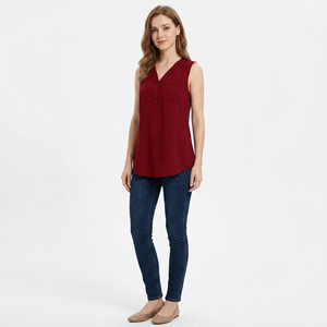 Haut sans manches pour femme, col en V, couleur unie, boutons sur le devant, vêtement décontracté, rouge, personnalisable, écologique, respirant, spandex/coton, 180g - Product Image 5