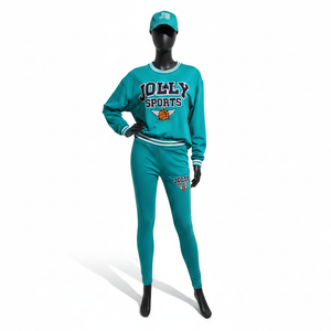 Conjunto cómodo de camiseta de manga larga de algodón polar de 220 GSM y leggings elásticos de spandex en verde azulado con logo personalizado serigrafiado. - Product Image 1