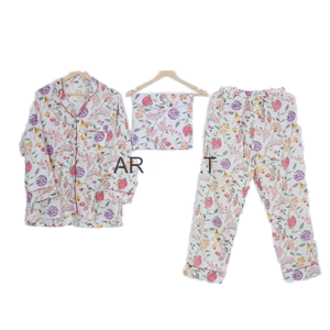 Conjuntos de pijama de algodón 100% de manga larga con estampado Floral informal para mujer de talla grande ropa de dormir transpirable y cómoda - Product Image 1