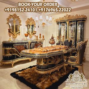 Juego de Comedor Premium de Madera Tallada en Oro para 7 Personas, con Tapicería de Tela Cómoda, de Alta Calidad, Estilo Australiano - Product Image 6