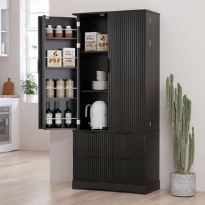 Mobile dispensa moderno scanalato da 72 pollici con 2 ampi cassetti e scaffale portaspezie a 8 ante, per cucina e bagno - Product Image 2