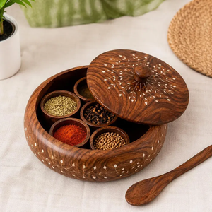 Boîte à épices en bois artisanale à 7 compartiments |   Conteneur de rangement pour épices indiennes en bois massif - Product Image 1