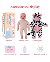 Poupée Reborn Fille Babeside Mia 17 Pouces Souriante avec Yeux Ouverts, Corps en Tissu, Barboteuse à Capuche Imprimé Vache