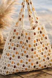 Sac fourre-tout tissé à la main avec perles, style bohème, accessoire de plage extérieur, 100 % artisanal, motif couleur naturelle - Product Image 1